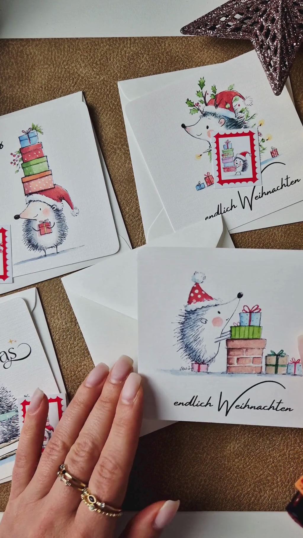 Weihnachtskarte Igel – quadratische Grußkarte mit Umschlag