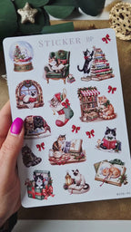 Weihnachtssticker mit Katzen und Büchern – Vintage-Stickerbogen für Journals
