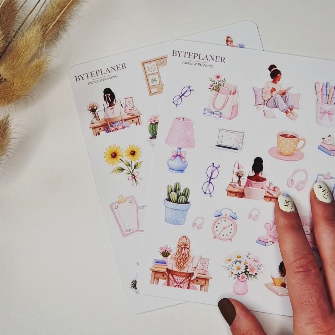 Sticker Buchliebhaber & Cozy Study, Aquarell-Sticker im Pastell-Stil